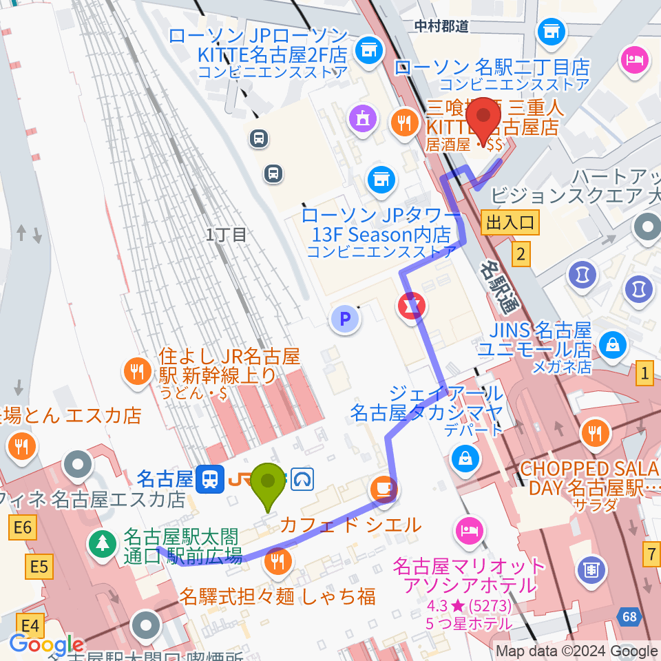 ヴィルトゥオーゾ名古屋駅前店の最寄駅名古屋駅からの徒歩ルート（約5分）地図