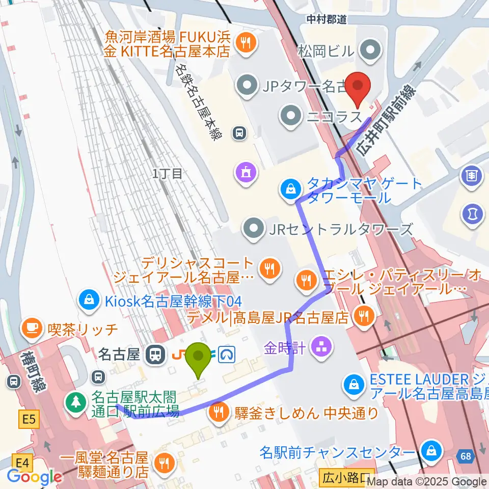 ヴィルトゥオーゾ名古屋駅前店の最寄駅名古屋駅からの徒歩ルート（約5分）地図