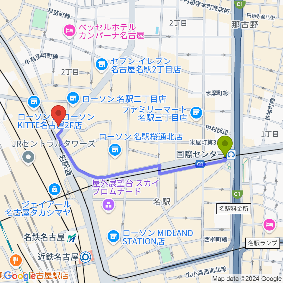 国際センター駅からヴィルトゥオーゾ名古屋駅前店へのルートマップ地図