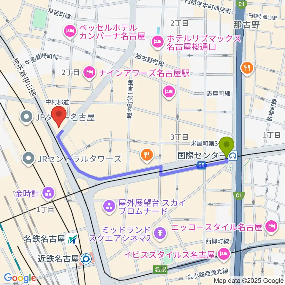 国際センター駅からヴィルトゥオーゾ名古屋駅前店へのルートマップ地図