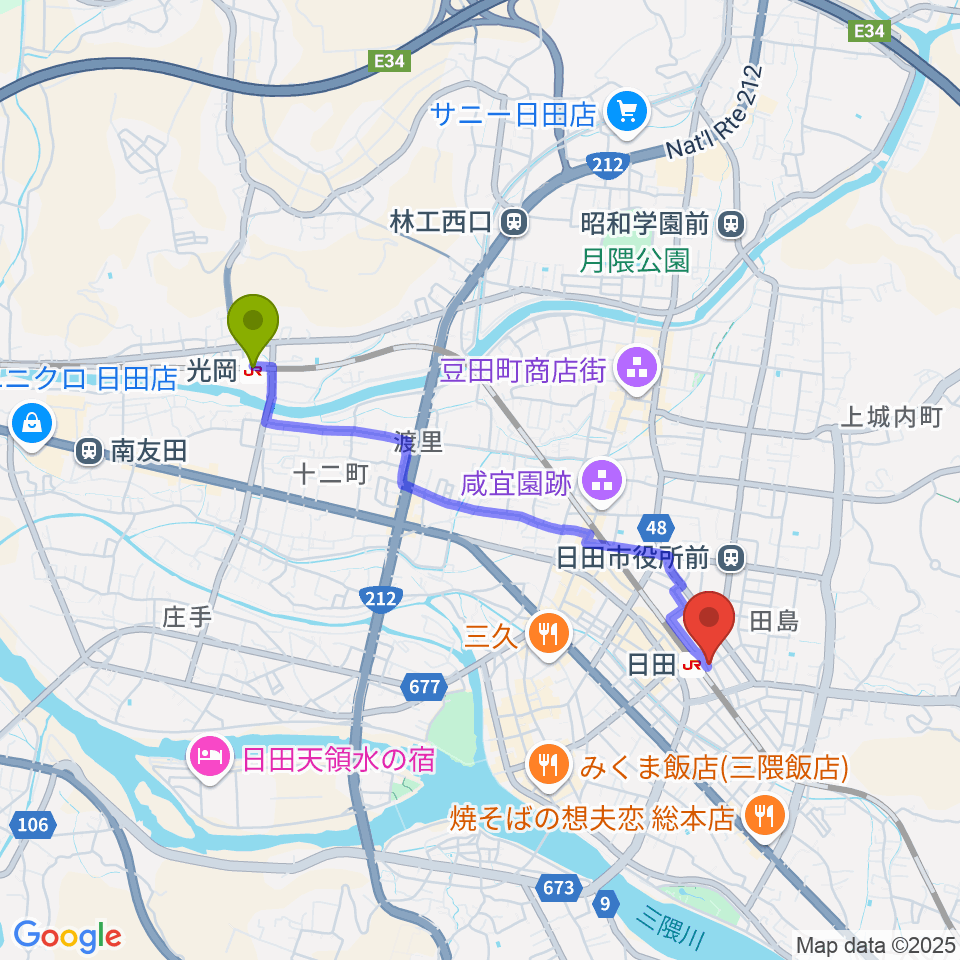 光岡駅から有限会社 大石楽器店へのルートマップ地図