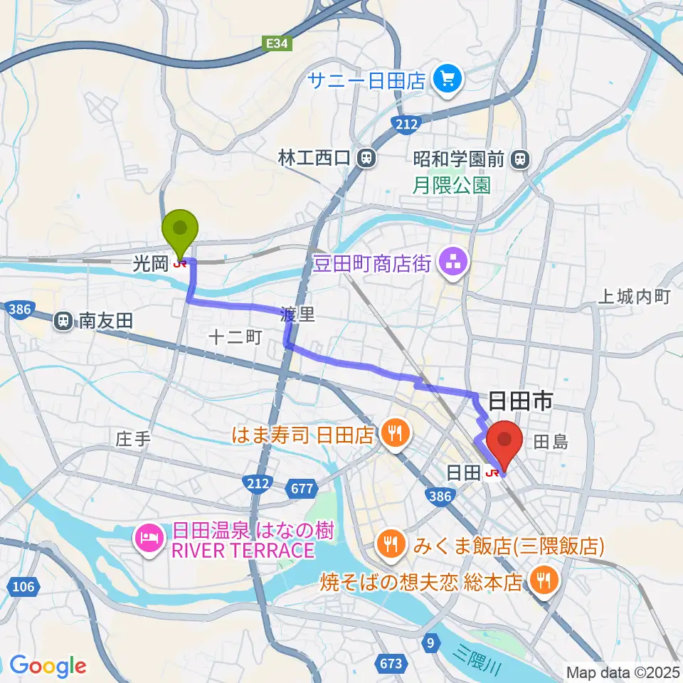 光岡駅から有限会社 大石楽器店へのルートマップ地図