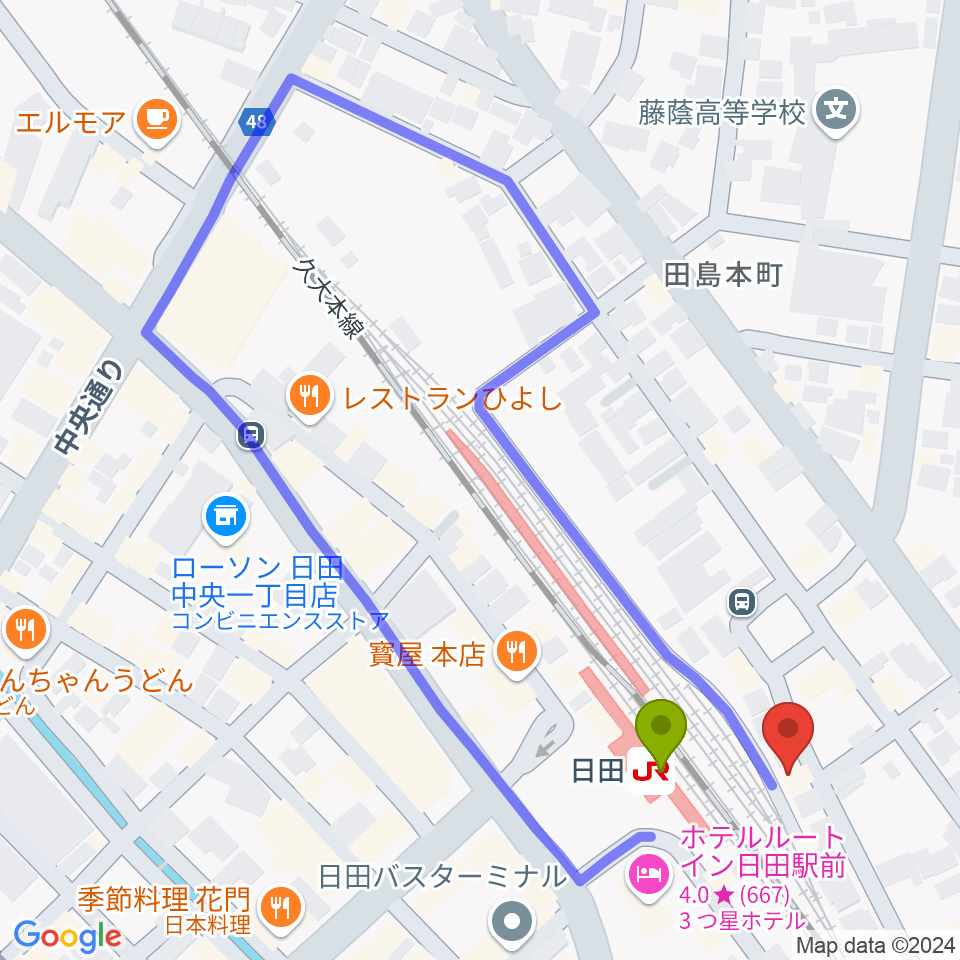 有限会社 大石楽器店の最寄駅日田駅からの徒歩ルート（約1分）地図