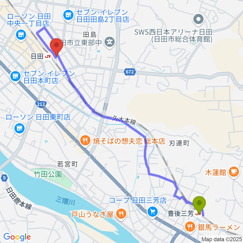 豊後三芳駅から有限会社 大石楽器店へのルートマップ地図