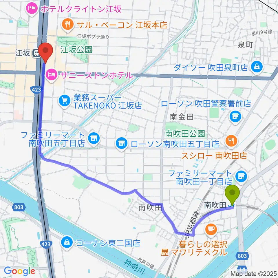 南吹田駅からドルフィンギターズ大阪店へのルートマップ地図