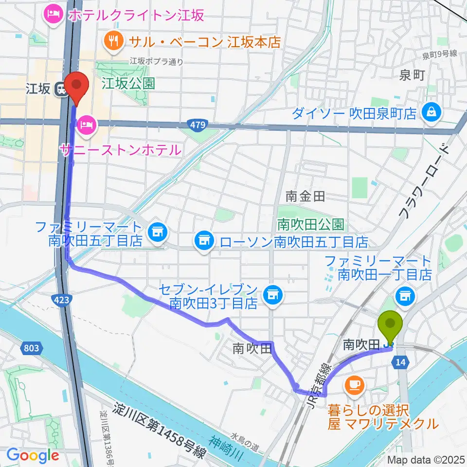 南吹田駅からドルフィンギターズ大阪店へのルートマップ地図