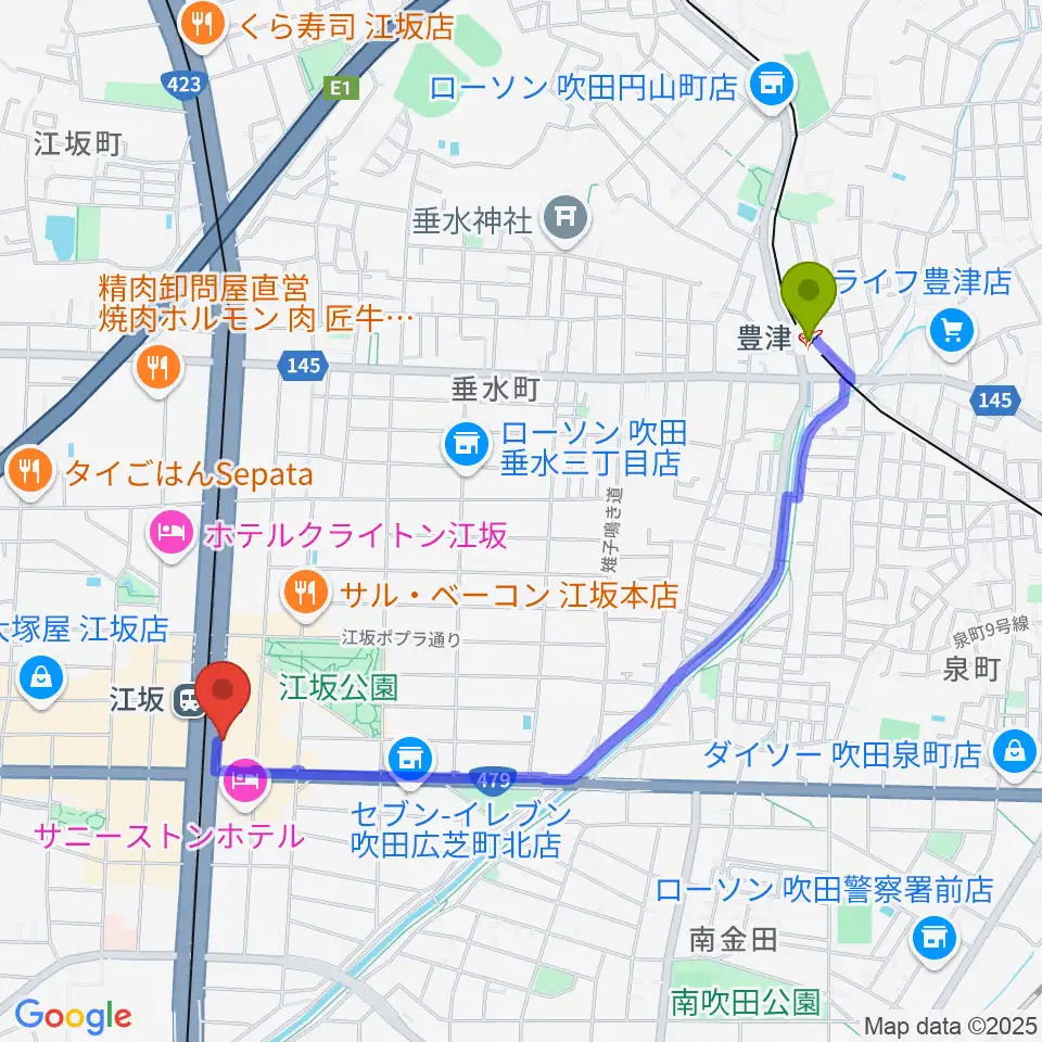 豊津駅からドルフィンギターズ大阪店へのルートマップ地図