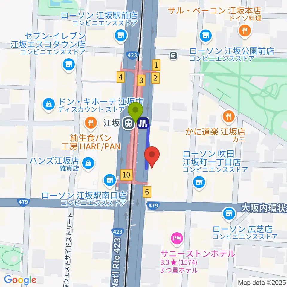 ドルフィンギターズ大阪店の最寄駅江坂駅からの徒歩ルート（約1分）地図