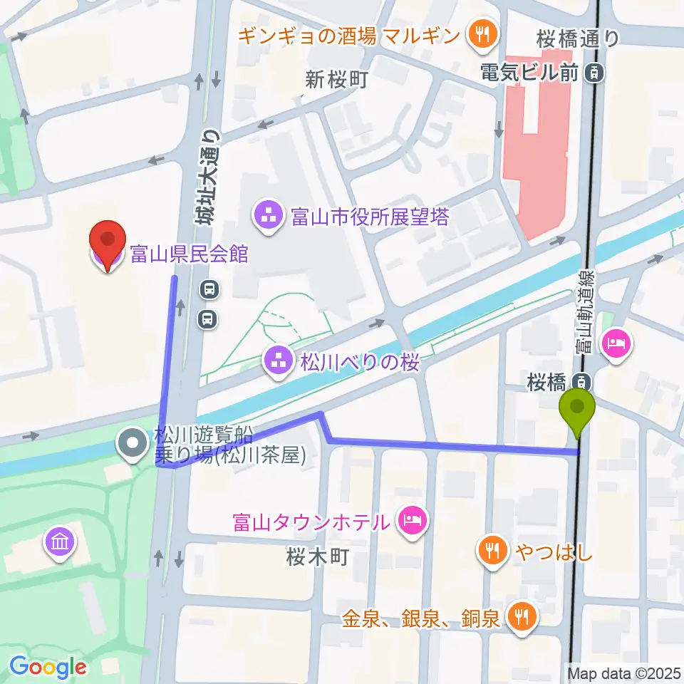 桜橋駅から富山県民会館へのルートマップ地図