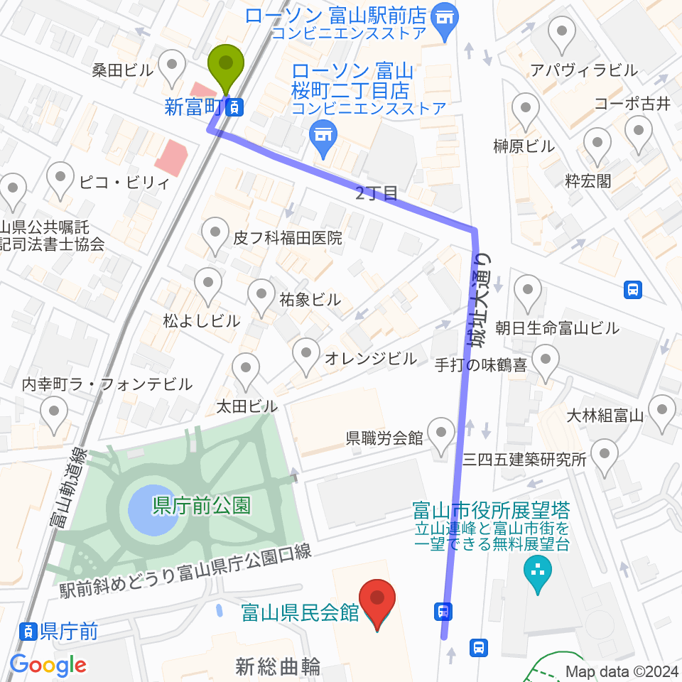 新富町駅から富山県民会館へのルートマップ地図