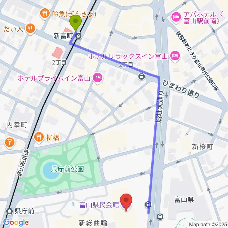新富町駅から富山県民会館へのルートマップ地図