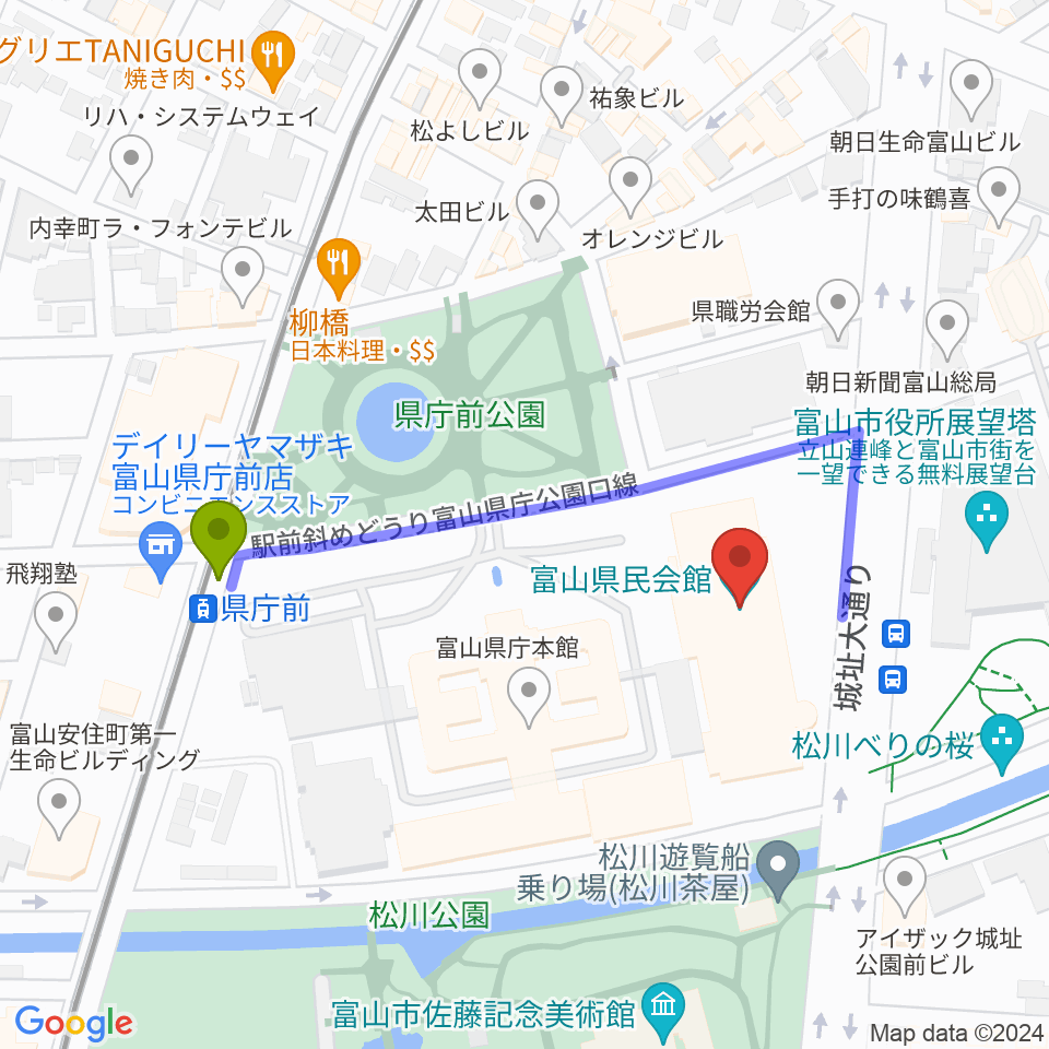 富山県民会館の最寄駅県庁前駅からの徒歩ルート（約4分）地図