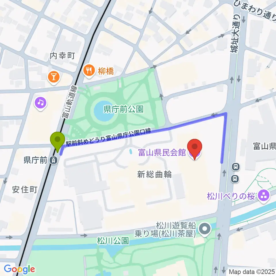 富山県民会館の最寄駅県庁前駅からの徒歩ルート（約4分）地図