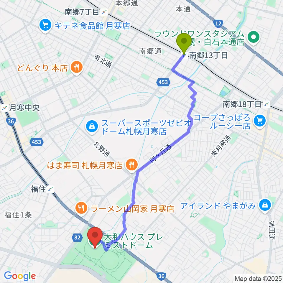 南郷１３丁目駅から大和ハウス プレミストドームへのルートマップ地図