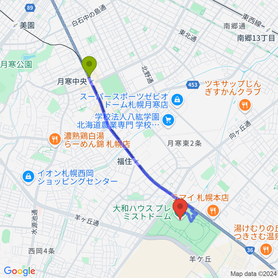 月寒中央駅から大和ハウス プレミストドームへのルートマップ地図