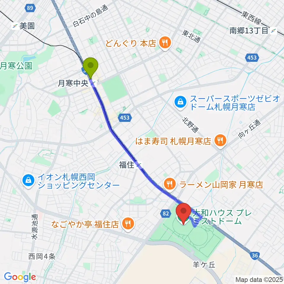 月寒中央駅から大和ハウス プレミストドームへのルートマップ地図