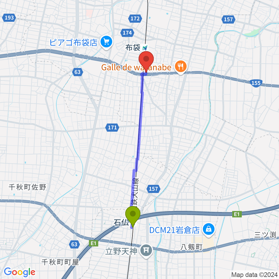 石仏駅から江南スタジオエムへのルートマップ地図