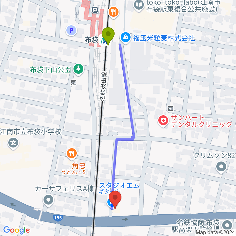 江南スタジオエムの最寄駅布袋駅からの徒歩ルート（約5分）地図