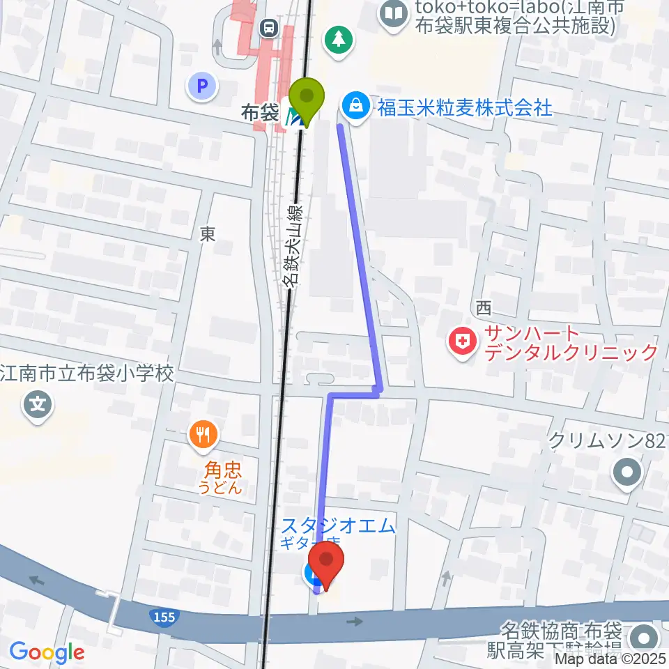 江南スタジオエムの最寄駅布袋駅からの徒歩ルート（約5分）地図