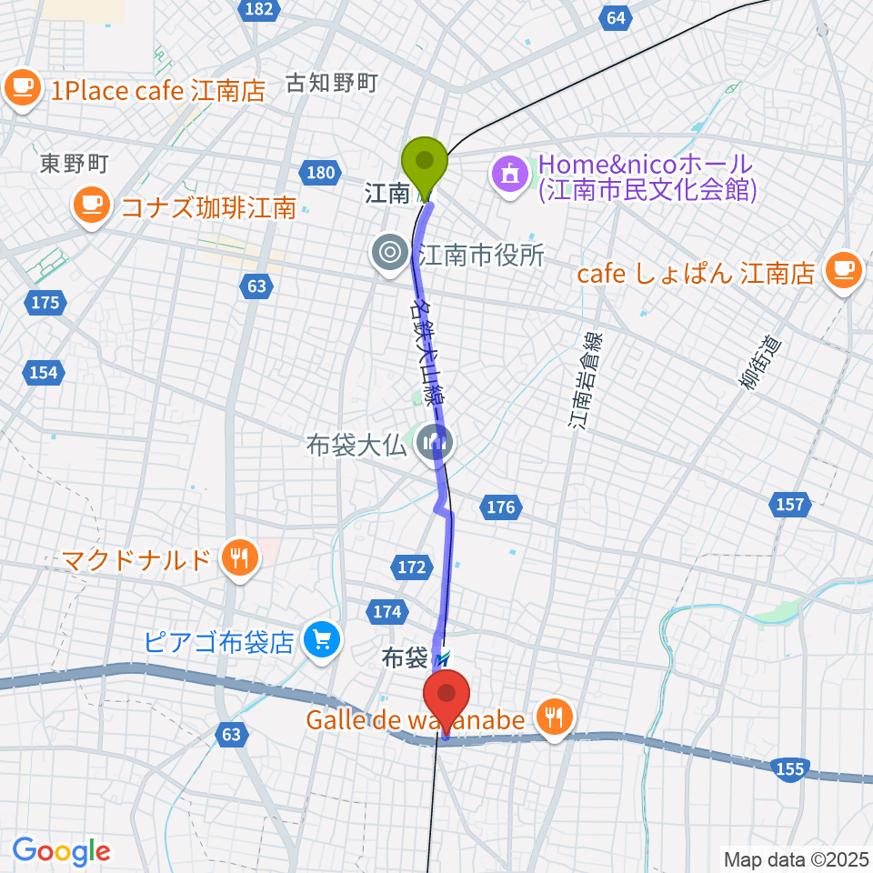 江南駅から江南スタジオエムへのルートマップ地図