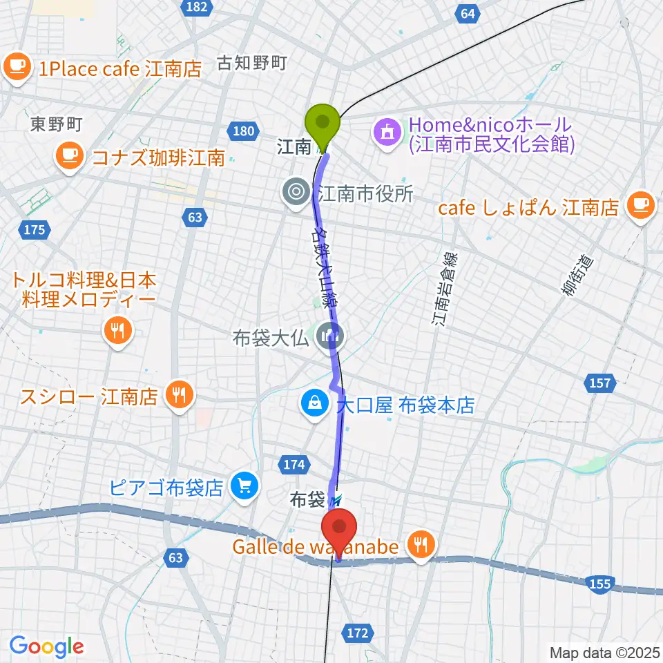 江南駅から江南スタジオエムへのルートマップ地図