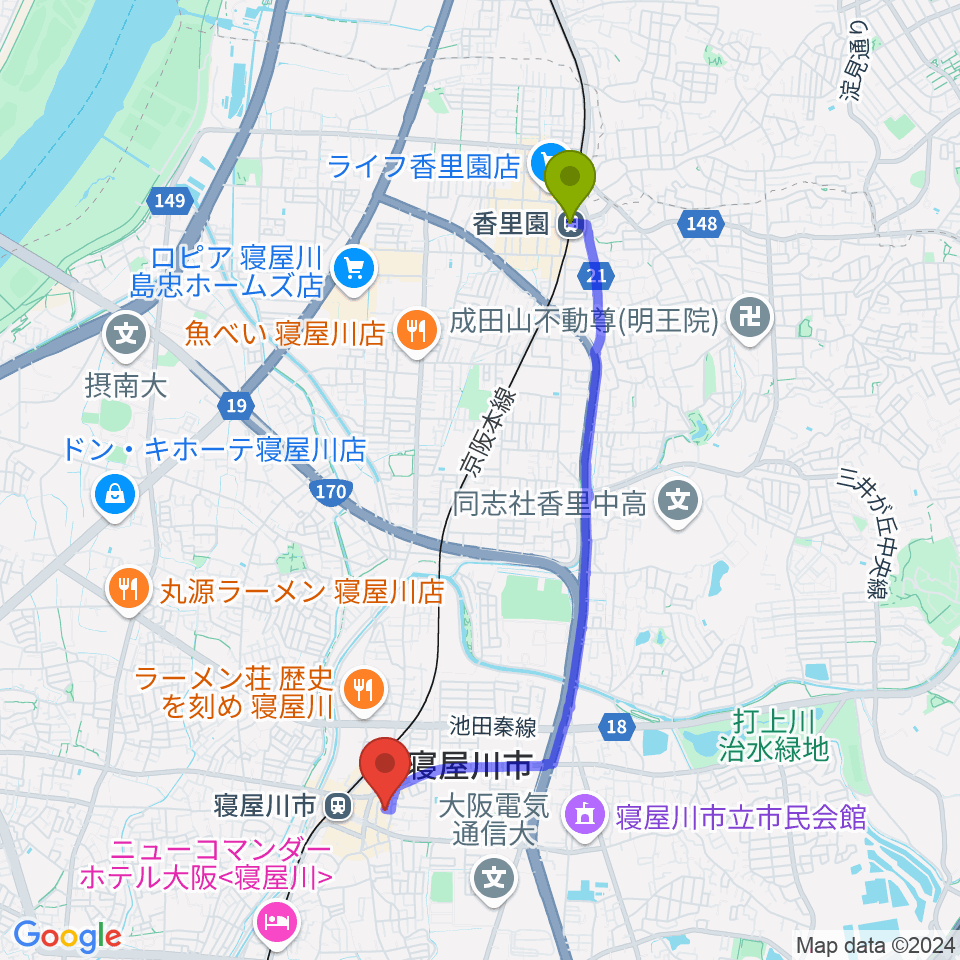 香里園駅から寝屋川アルカスホールへのルートマップ地図