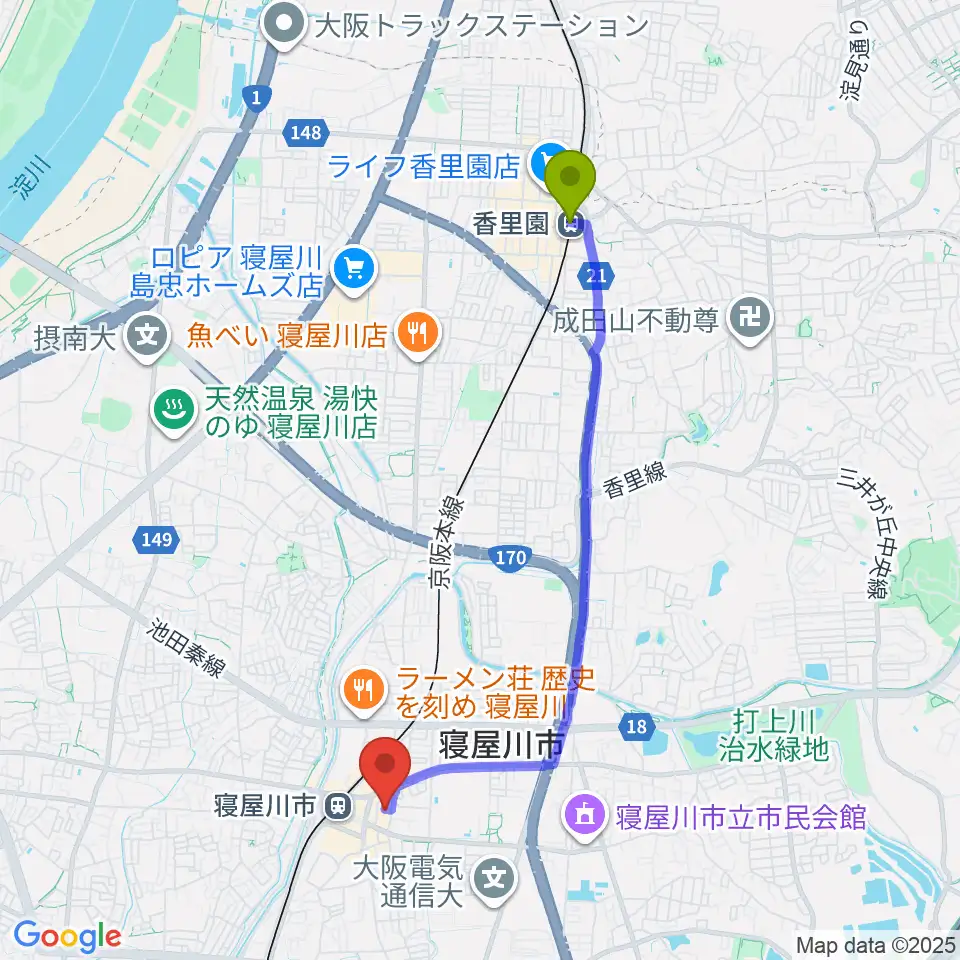 香里園駅から寝屋川アルカスホールへのルートマップ地図