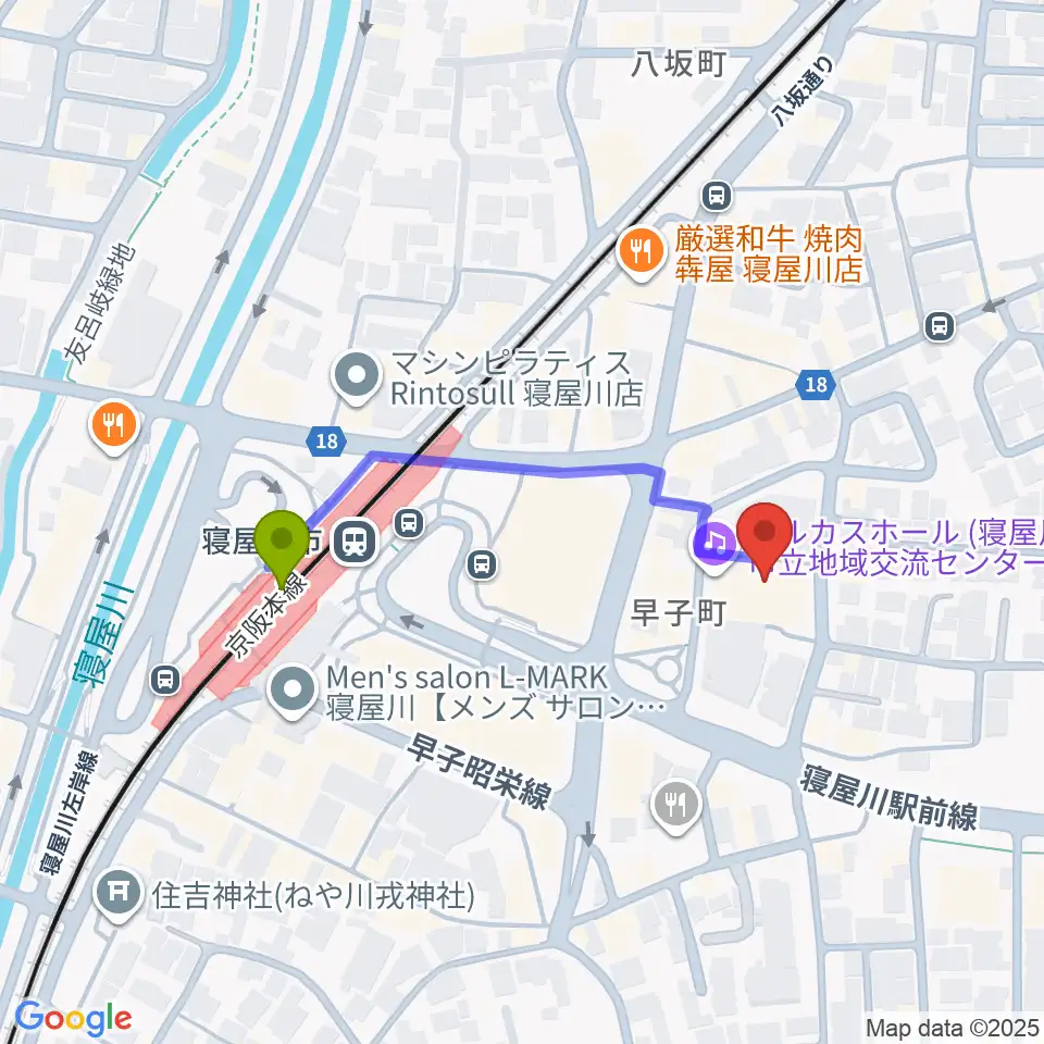 寝屋川アルカスホールの最寄駅寝屋川市駅からの徒歩ルート（約4分）地図