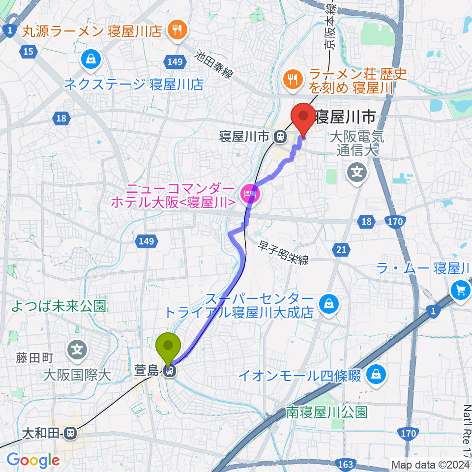 萱島駅から寝屋川アルカスホールへのルートマップ地図