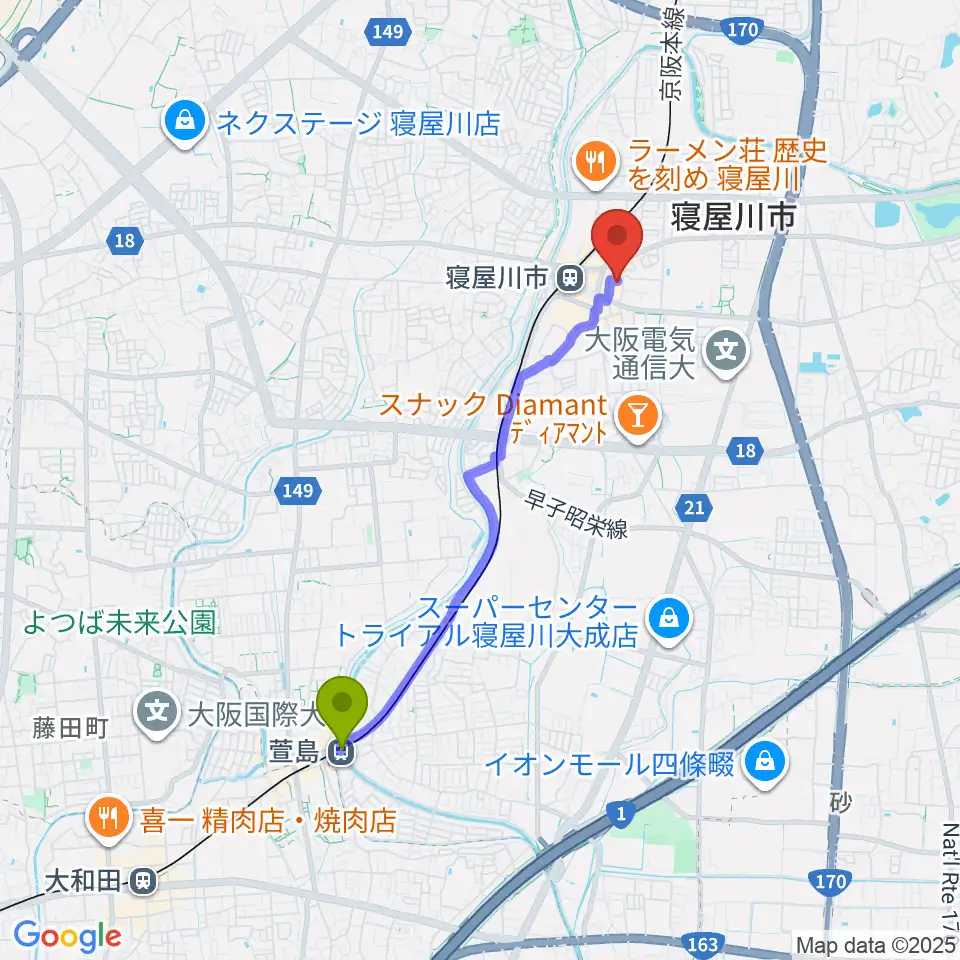 萱島駅から寝屋川アルカスホールへのルートマップ地図