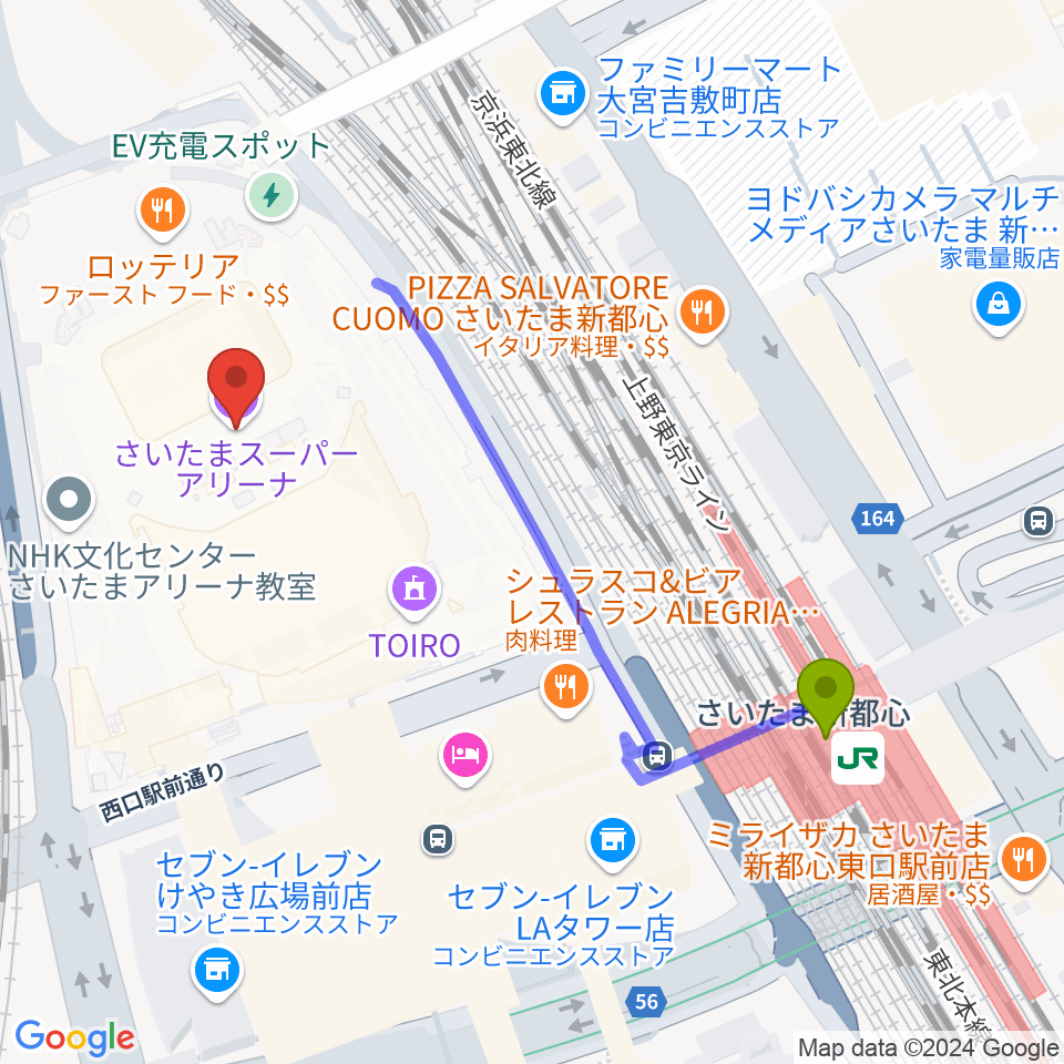 さいたまスーパーアリーナの最寄駅さいたま新都心駅からの徒歩ルート（約5分）地図