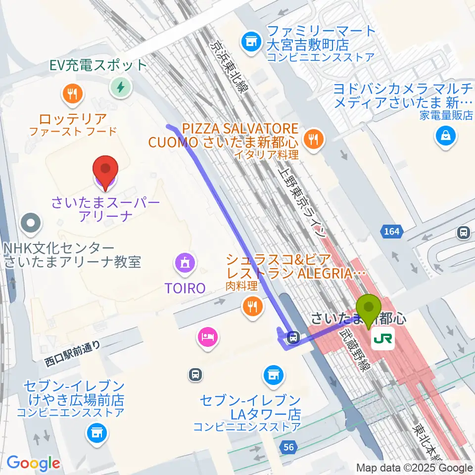 さいたまスーパーアリーナの最寄駅さいたま新都心駅からの徒歩ルート（約5分）地図