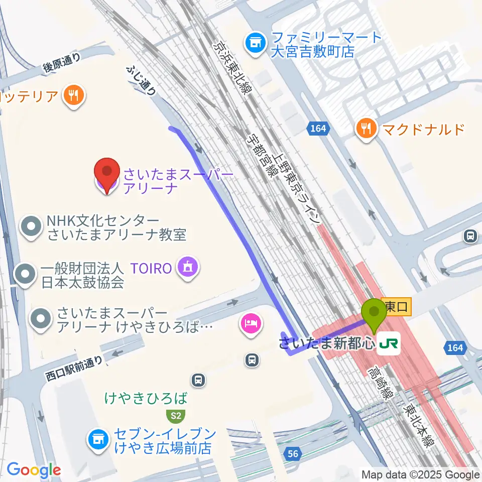 さいたまスーパーアリーナの最寄駅さいたま新都心駅からの徒歩ルート（約5分）地図