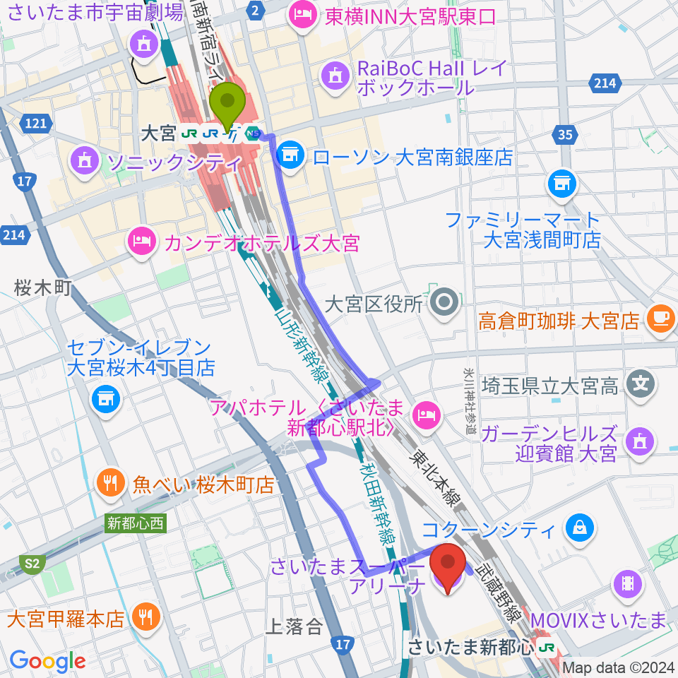 大宮駅からさいたまスーパーアリーナへのルートマップ地図