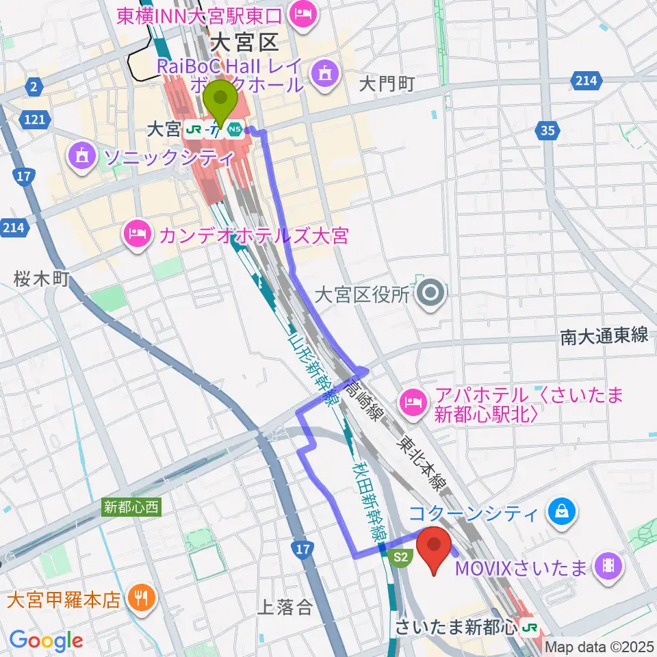大宮駅からさいたまスーパーアリーナへのルートマップ地図