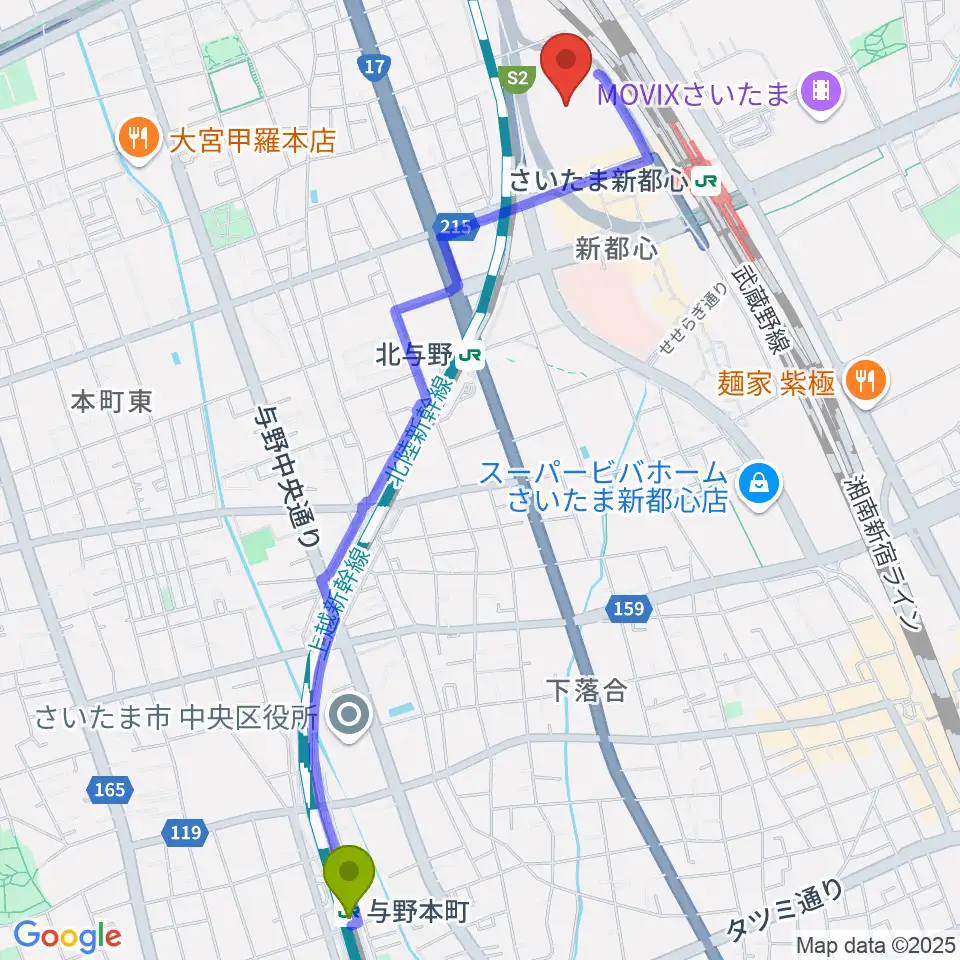 与野本町駅からさいたまスーパーアリーナへのルートマップ地図
