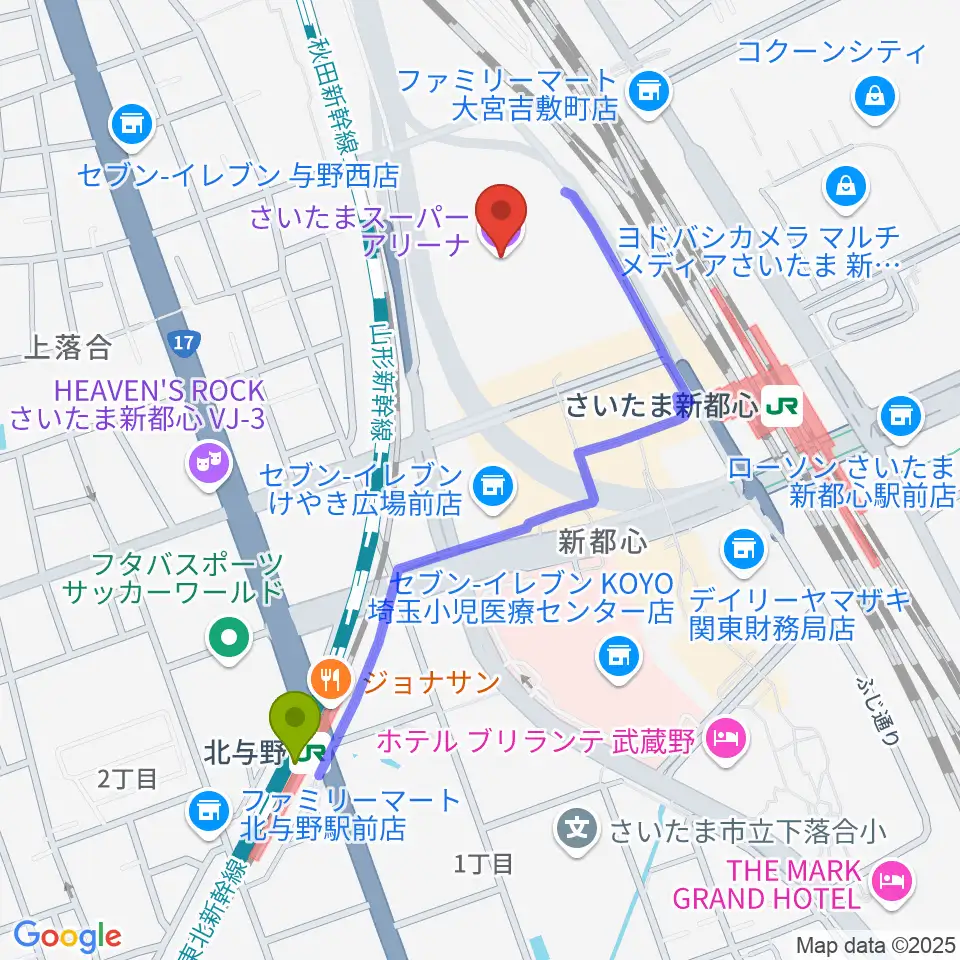 北与野駅からさいたまスーパーアリーナへのルートマップ地図