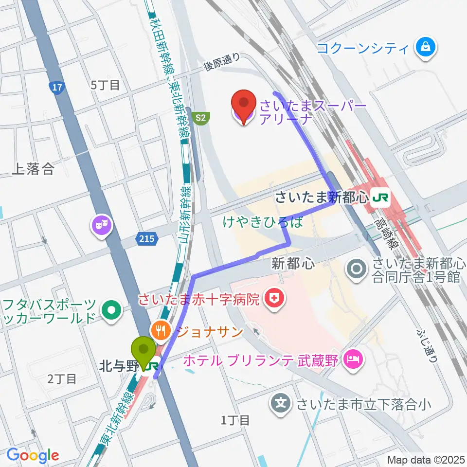 北与野駅からさいたまスーパーアリーナへのルートマップ地図