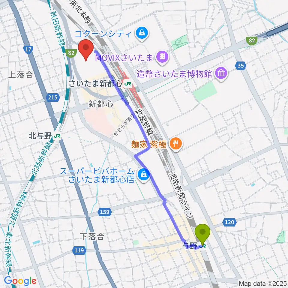 与野駅からさいたまスーパーアリーナへのルートマップ地図