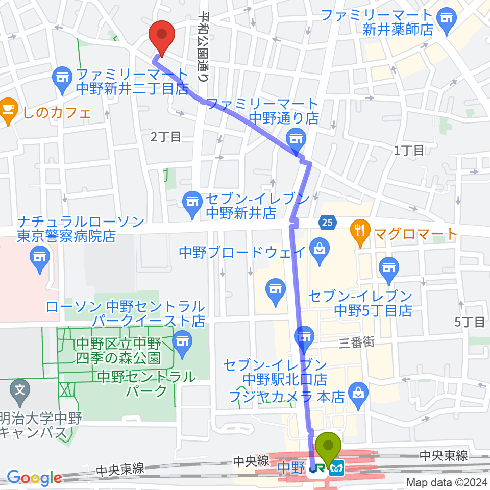 中野駅からロビンピアノ＆英語教室へのルートマップ地図
