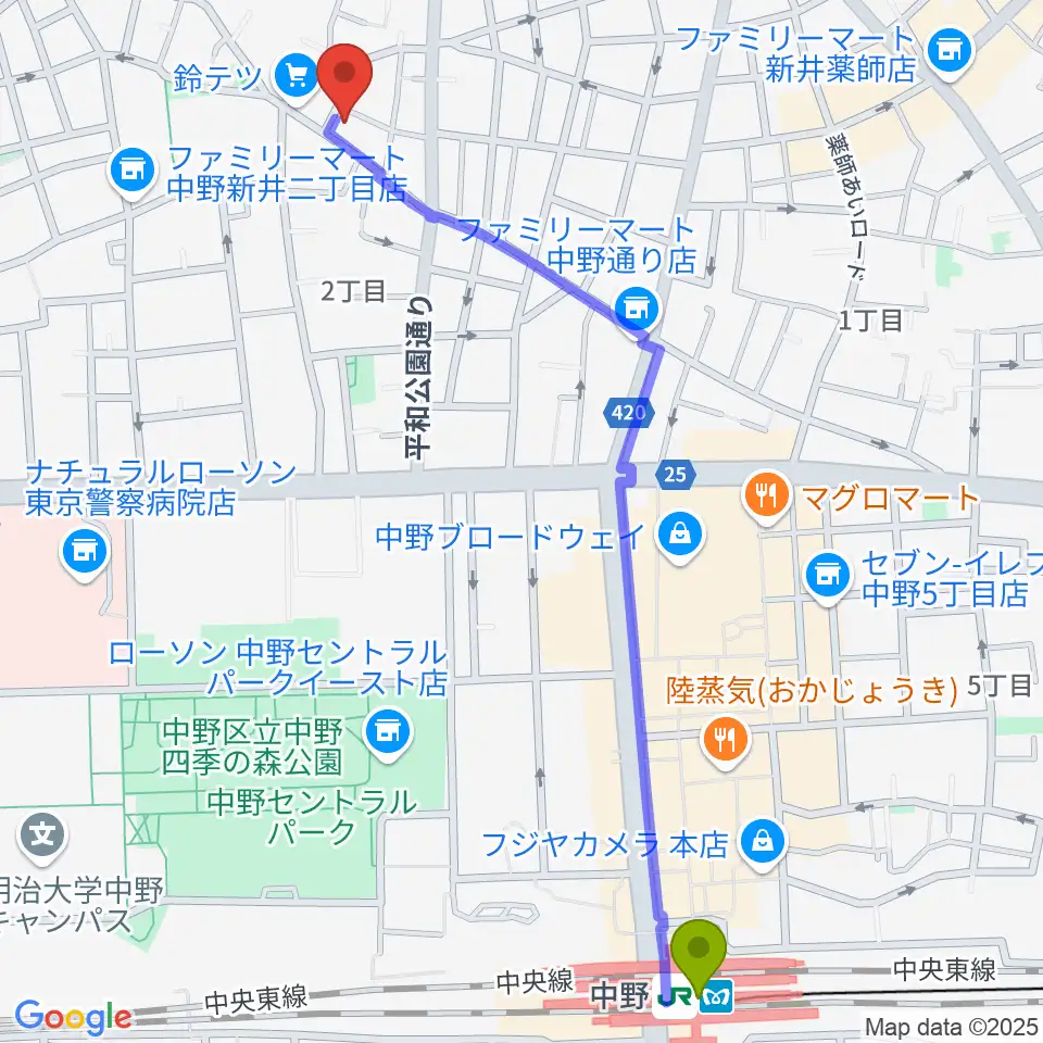 中野駅からロビンピアノ＆英語教室へのルートマップ地図