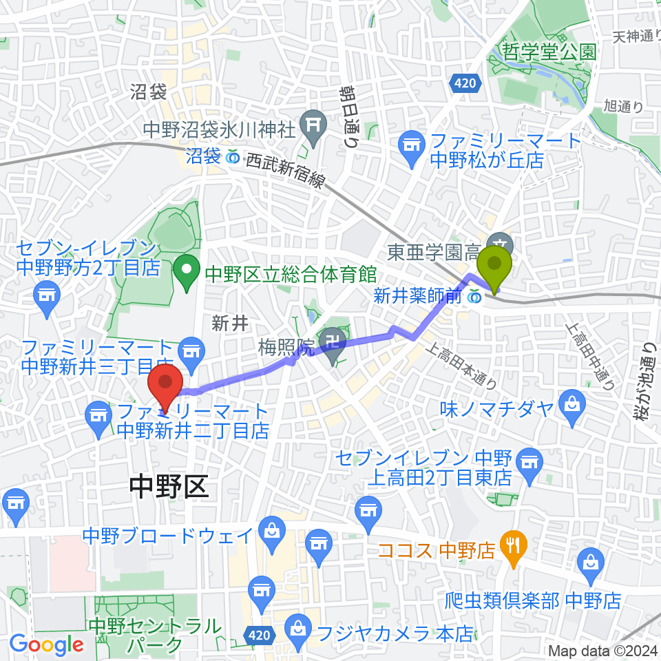 新井薬師前駅からロビンピアノ＆英語教室へのルートマップ地図