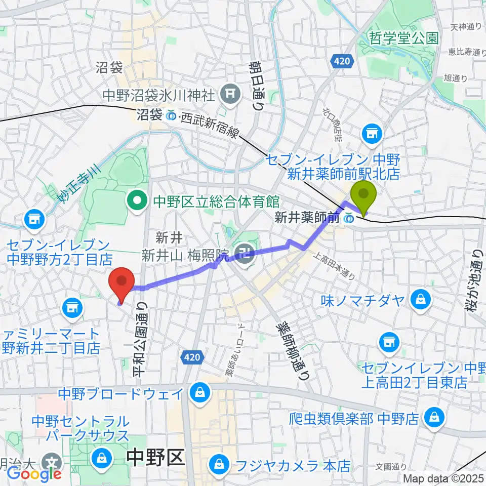 新井薬師前駅からロビンピアノ＆英語教室へのルートマップ地図