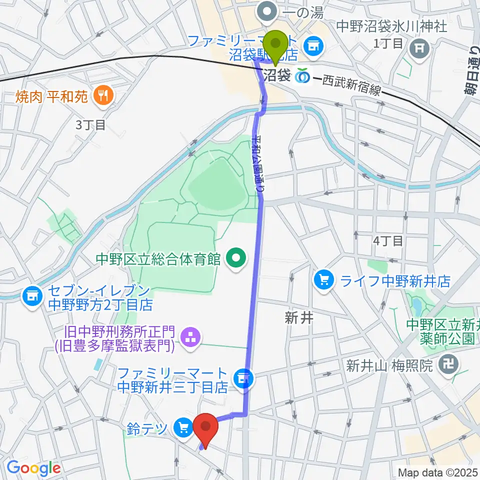 ロビンピアノ＆英語教室の最寄駅沼袋駅からの徒歩ルート（約13分）地図
