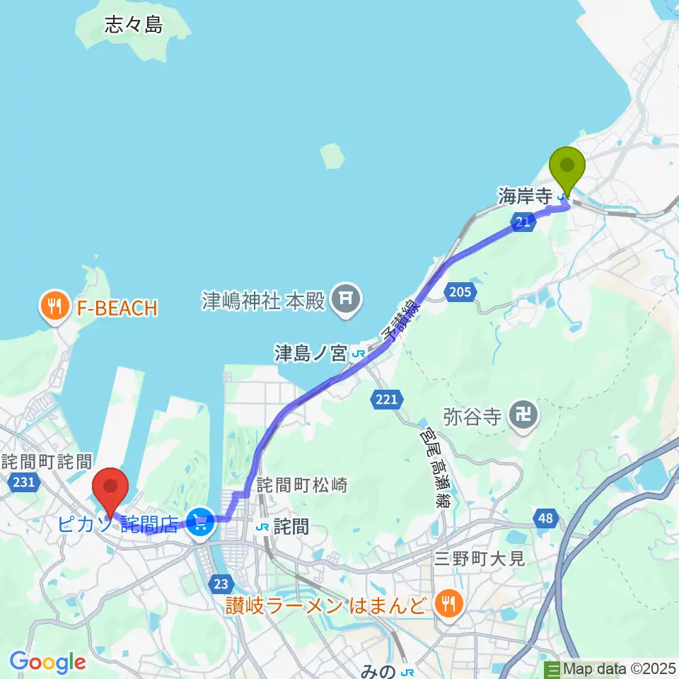 海岸寺駅から三豊市文化会館マリンウェーブへのルートマップ地図