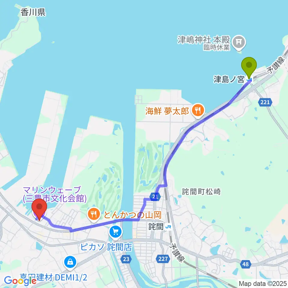 津島ノ宮駅から三豊市文化会館マリンウェーブへのルートマップ地図
