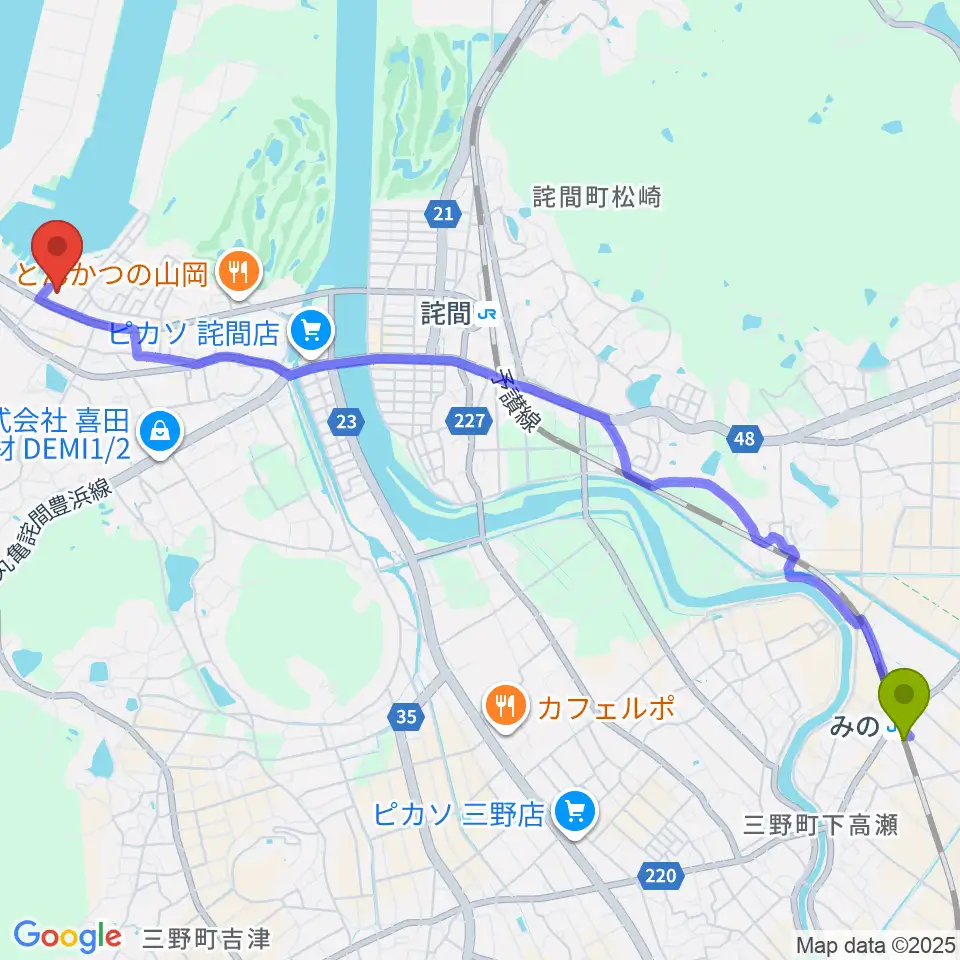 みの駅から三豊市文化会館マリンウェーブへのルートマップ地図