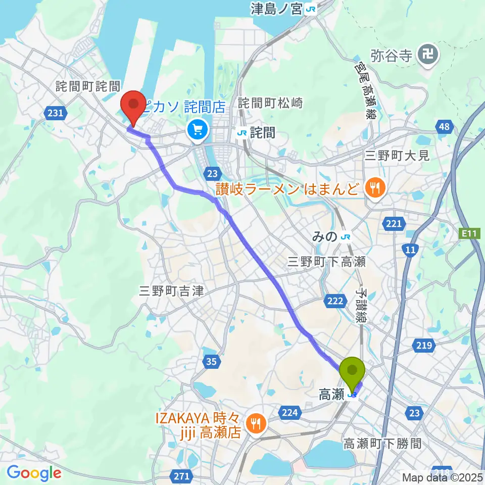 高瀬駅から三豊市文化会館マリンウェーブへのルートマップ地図