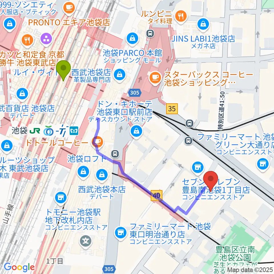 クロサワバイオリン池袋店の最寄駅池袋駅からの徒歩ルート（約5分）地図