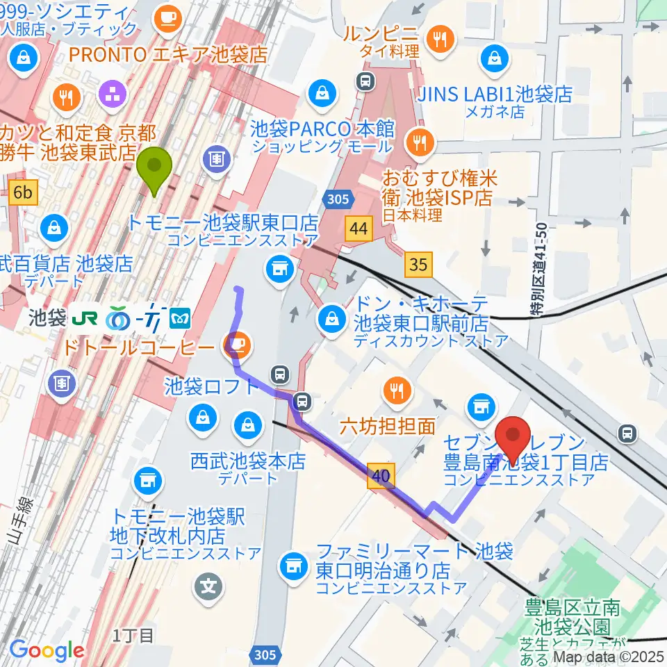 クロサワバイオリン池袋店の最寄駅池袋駅からの徒歩ルート（約5分）地図